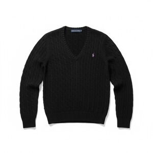 Ralph Lauren | Cable Knit Sweater XL Black V-Neck Purple Embroidered Polo Pony